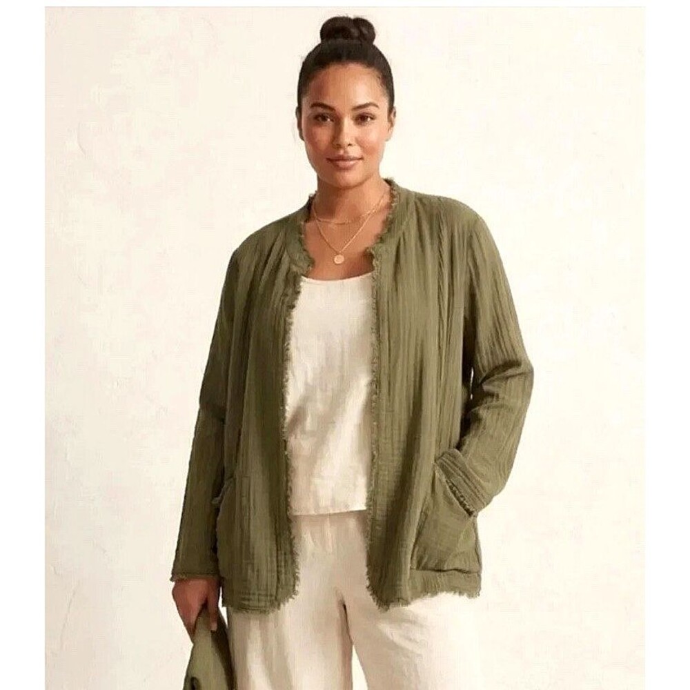 J. Jill Cotton Gauze Olive Jacket Pockets  Raw Edge Sz Small Beachy Earthy